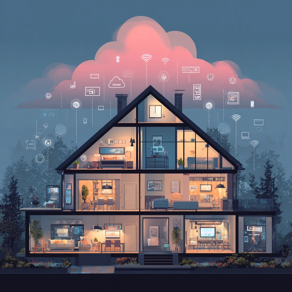 Modern smart home with AI-powered devices, sustainable energy solutions, and futuristic technology.