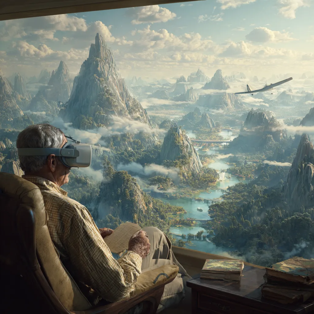 A young man experiences virtual travel at home with a VR headset, exploring landmarks like Mount Fuji, the Eiffel Tower, and the Pyramids of Giza.