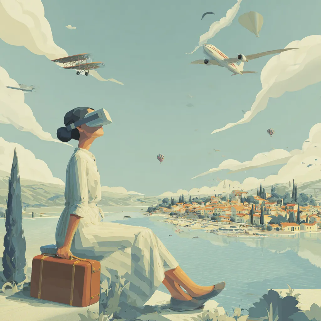 A young man experiences virtual travel at home with a VR headset, exploring landmarks like Mount Fuji, the Eiffel Tower, and the Pyramids of Giza.