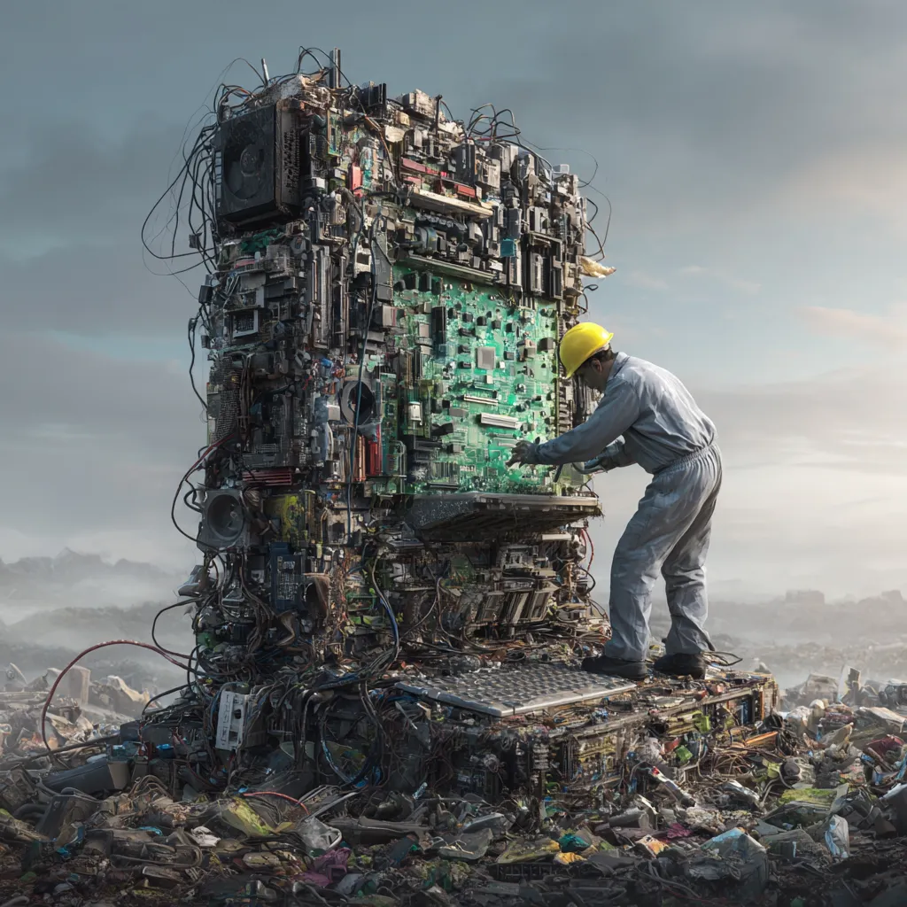 The environmental impact of e-waste, showing discarded electronics and hazardous materials leaching into the environment