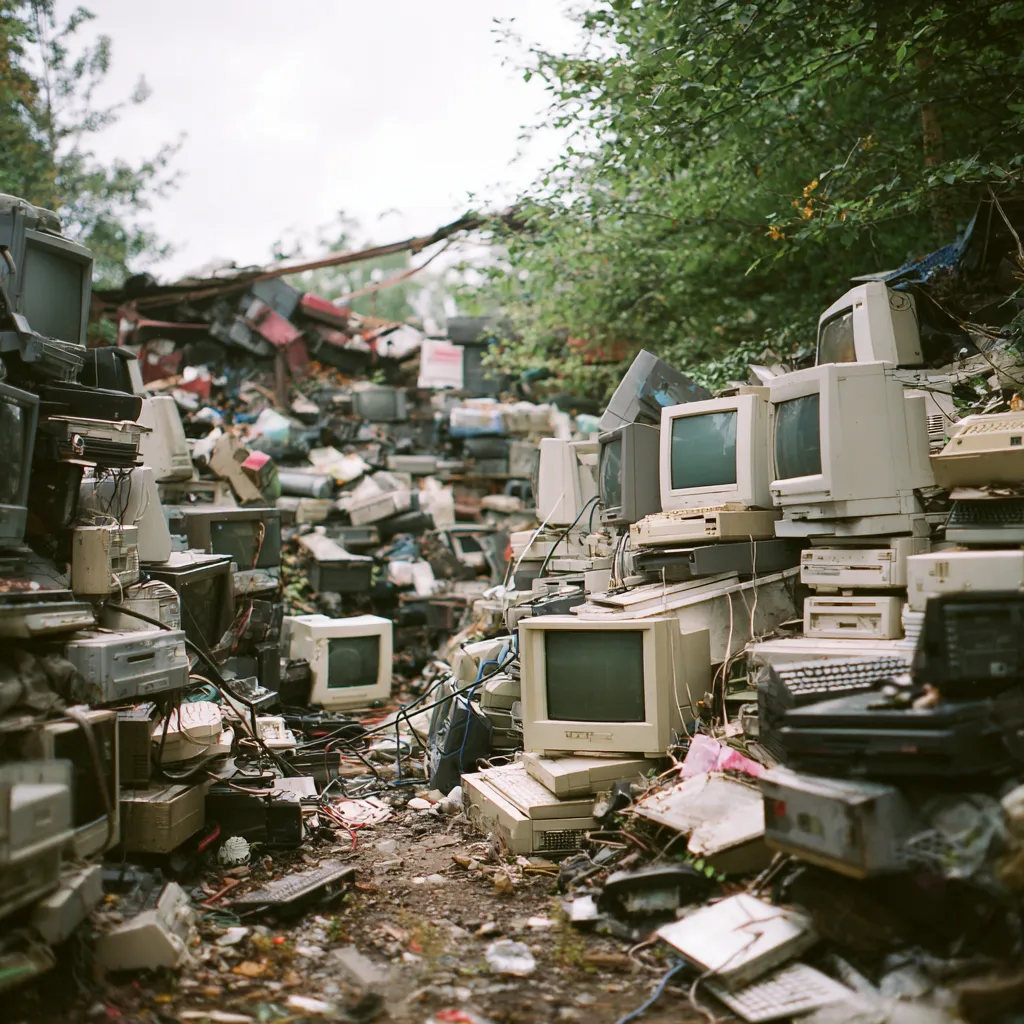 The environmental impact of e-waste, showing discarded electronics and hazardous materials leaching into the environment