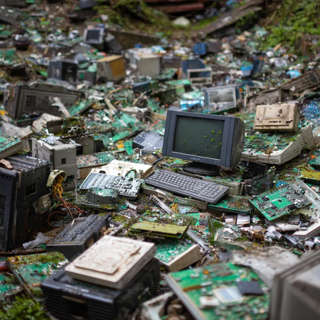 The environmental impact of e-waste, showing discarded electronics and hazardous materials leaching into the environment