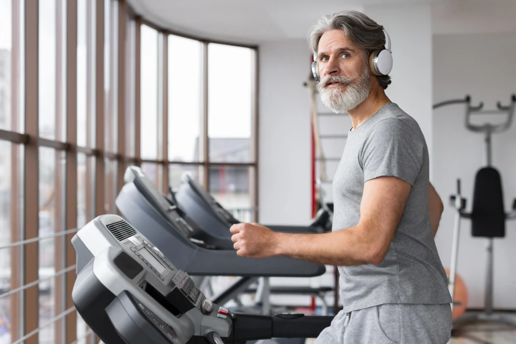 Average Treadmill Stress
Middle-aged man performing treadmill stress test under medical supervision