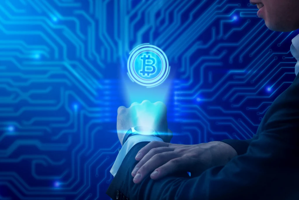 Image of a futuristic digital payment system using blockchain technology.