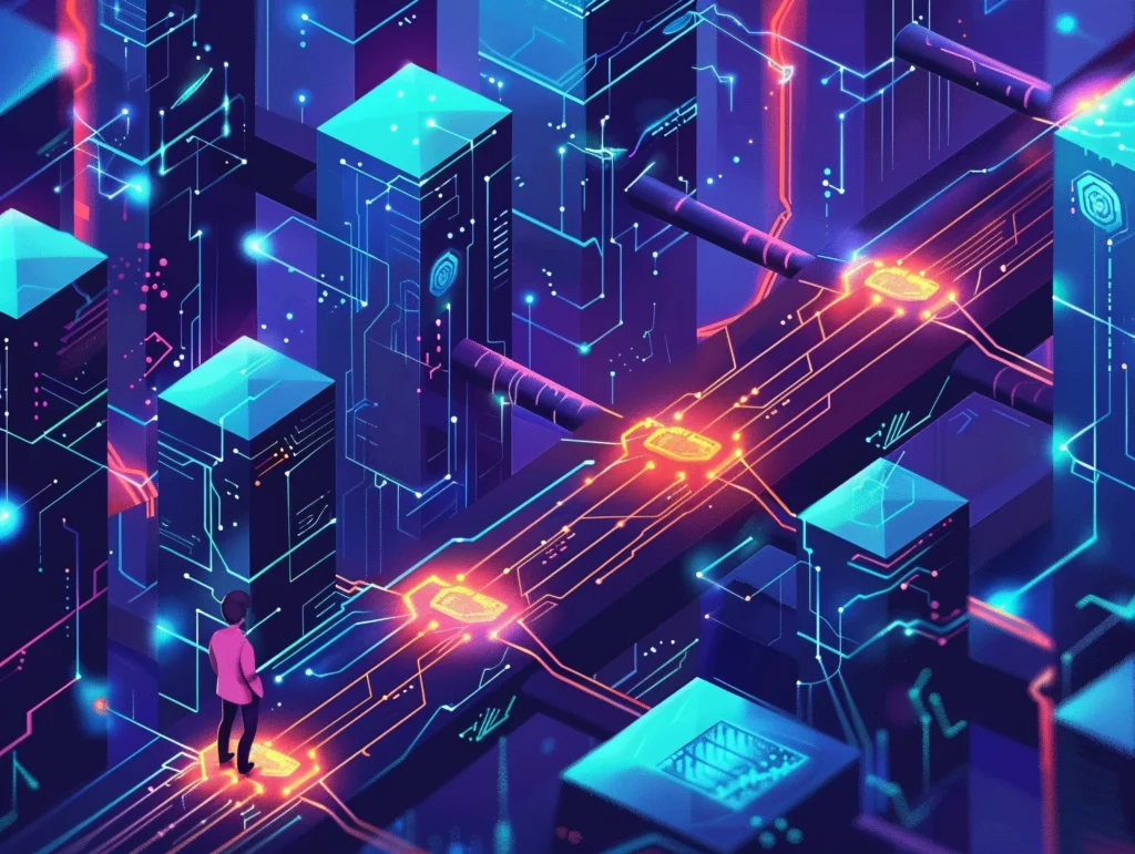 Image of a futuristic digital payment system using blockchain technology.