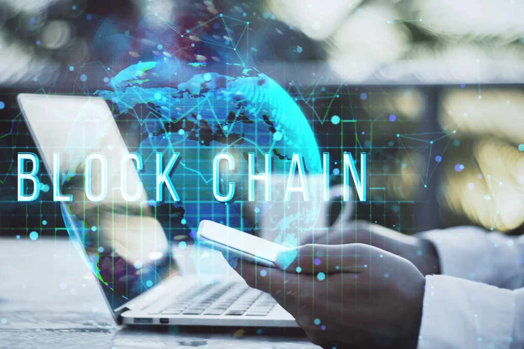 Image of a futuristic digital payment system using blockchain technology.