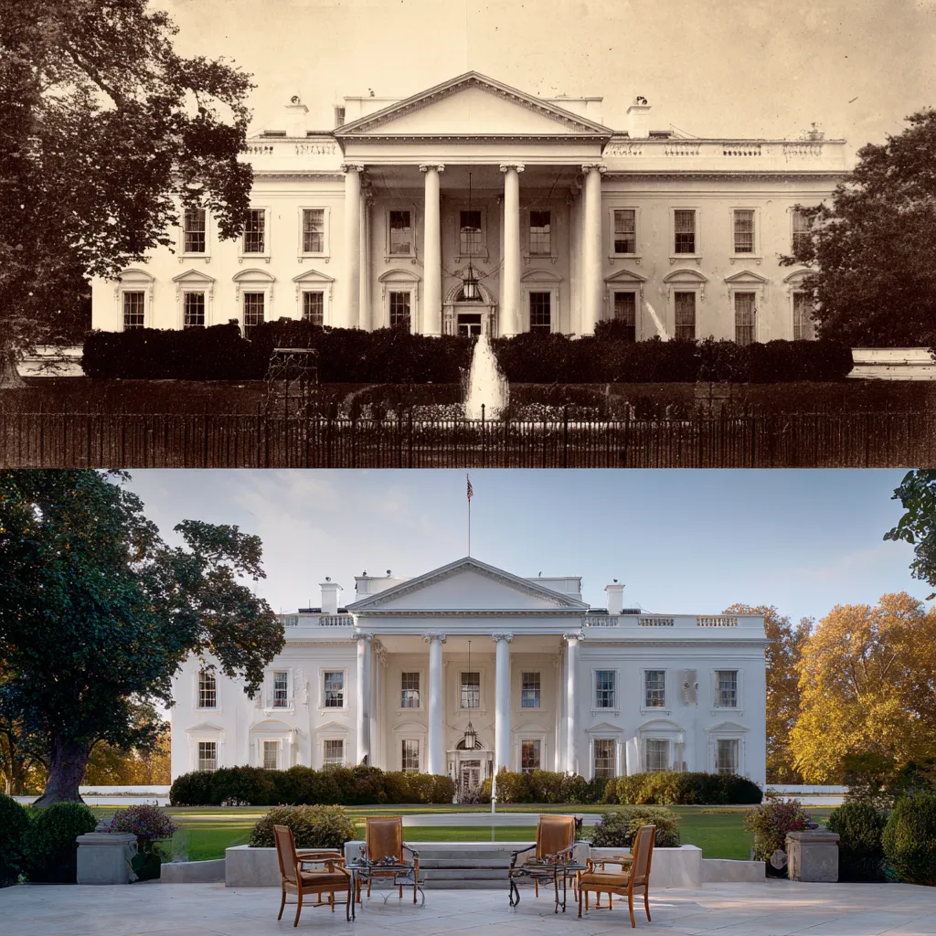 The White House South Lawn view showcasing neoclassical architecture and recent restoration work, symbolizing America’s enduring legacy.