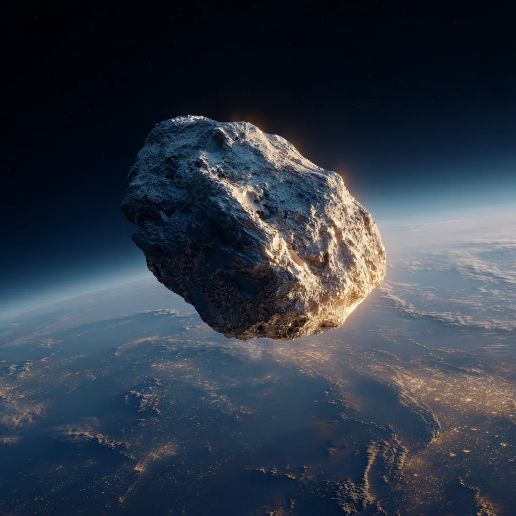 Asteroid 2025 PN7 gliding through deep space, captured in stunning detail against a starry cosmic background.