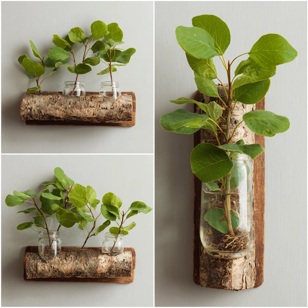 Eco-friendly DIY home decor projects made from recycled and natural materials like wood, glass jars, and plants.