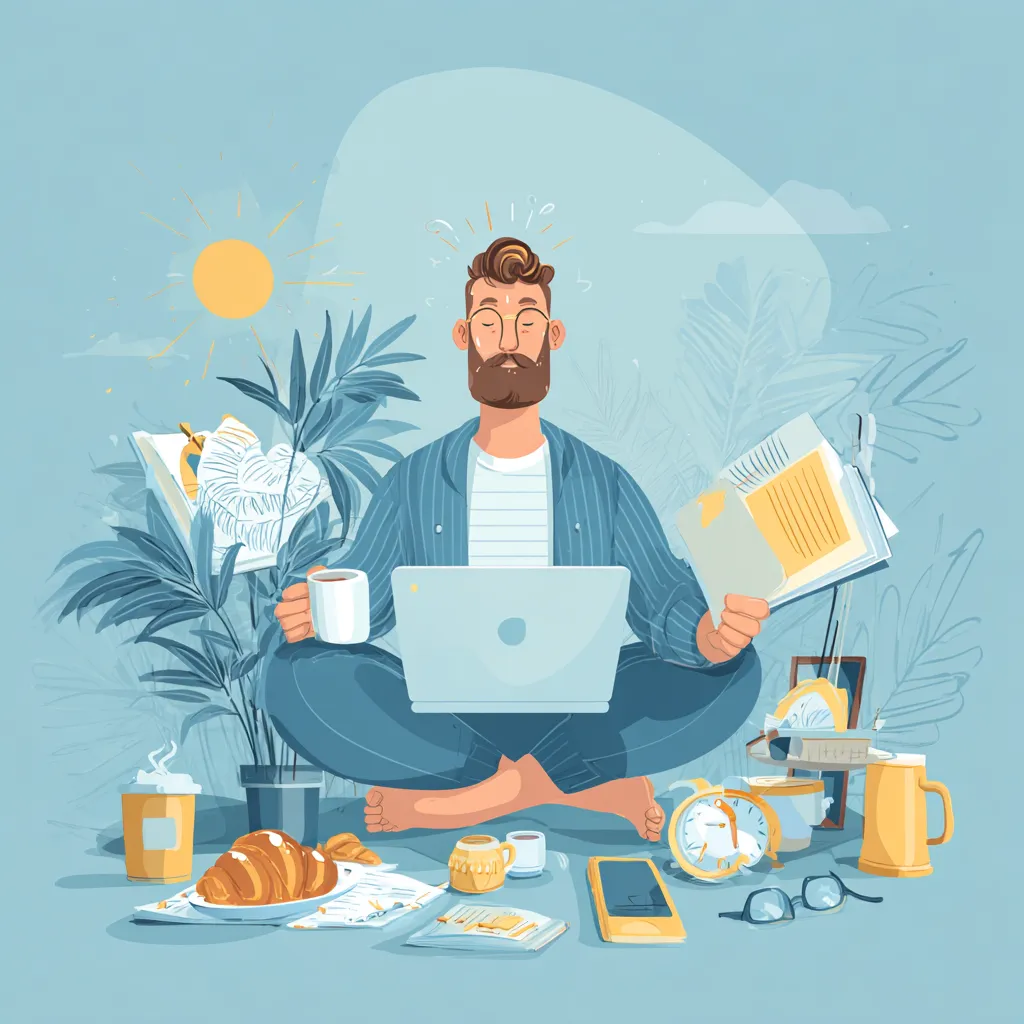 Person following a productive morning routine with exercise, healthy breakfast, and planning.