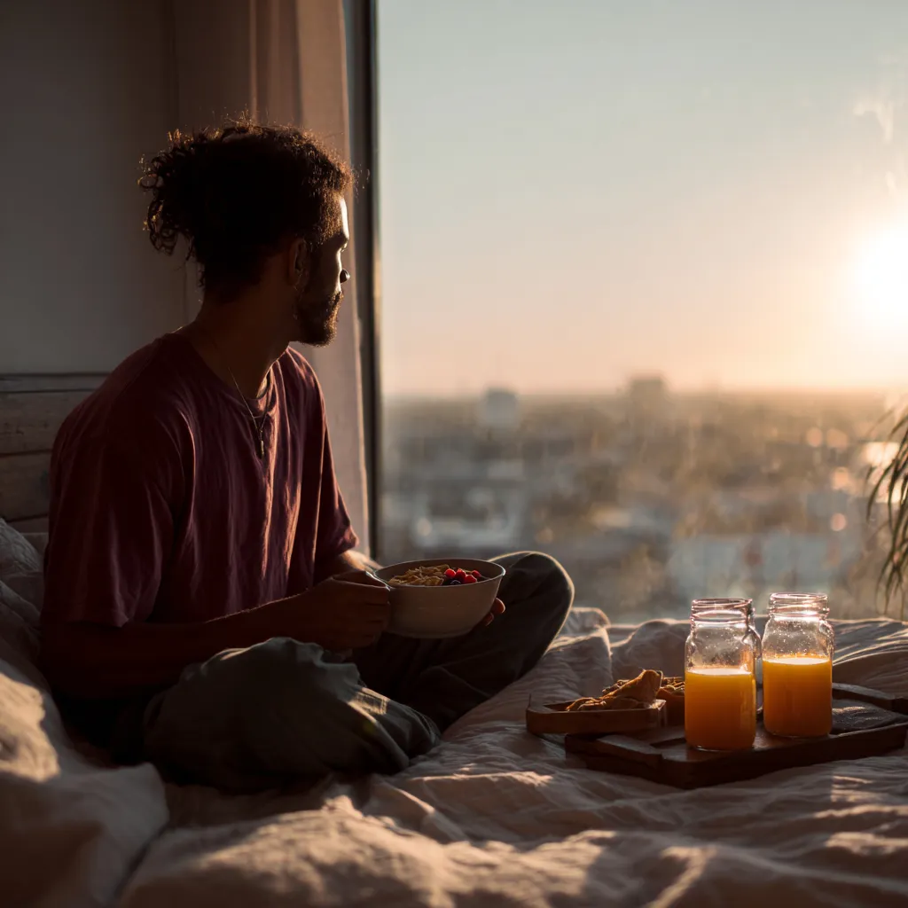 Person following a productive morning routine with exercise, healthy breakfast, and planning.