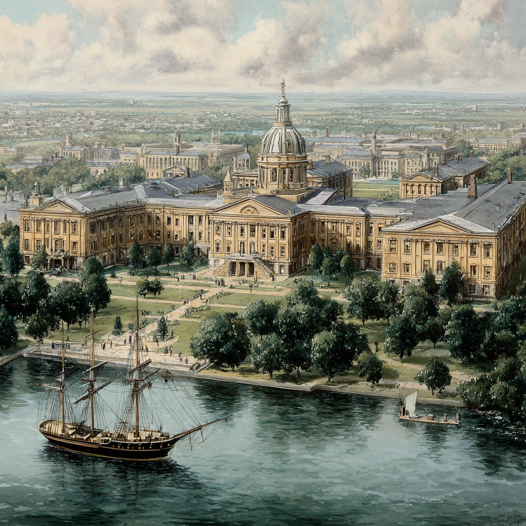 Historic illustration depicting the founding of the U.S. Naval Academy in 1845 at Annapolis, Maryland.