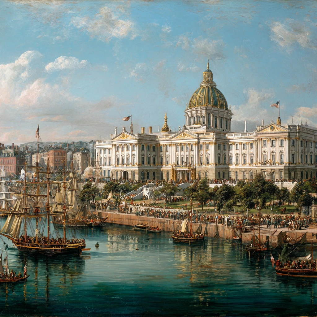 Historic illustration depicting the founding of the U.S. Naval Academy in 1845 at Annapolis, Maryland.