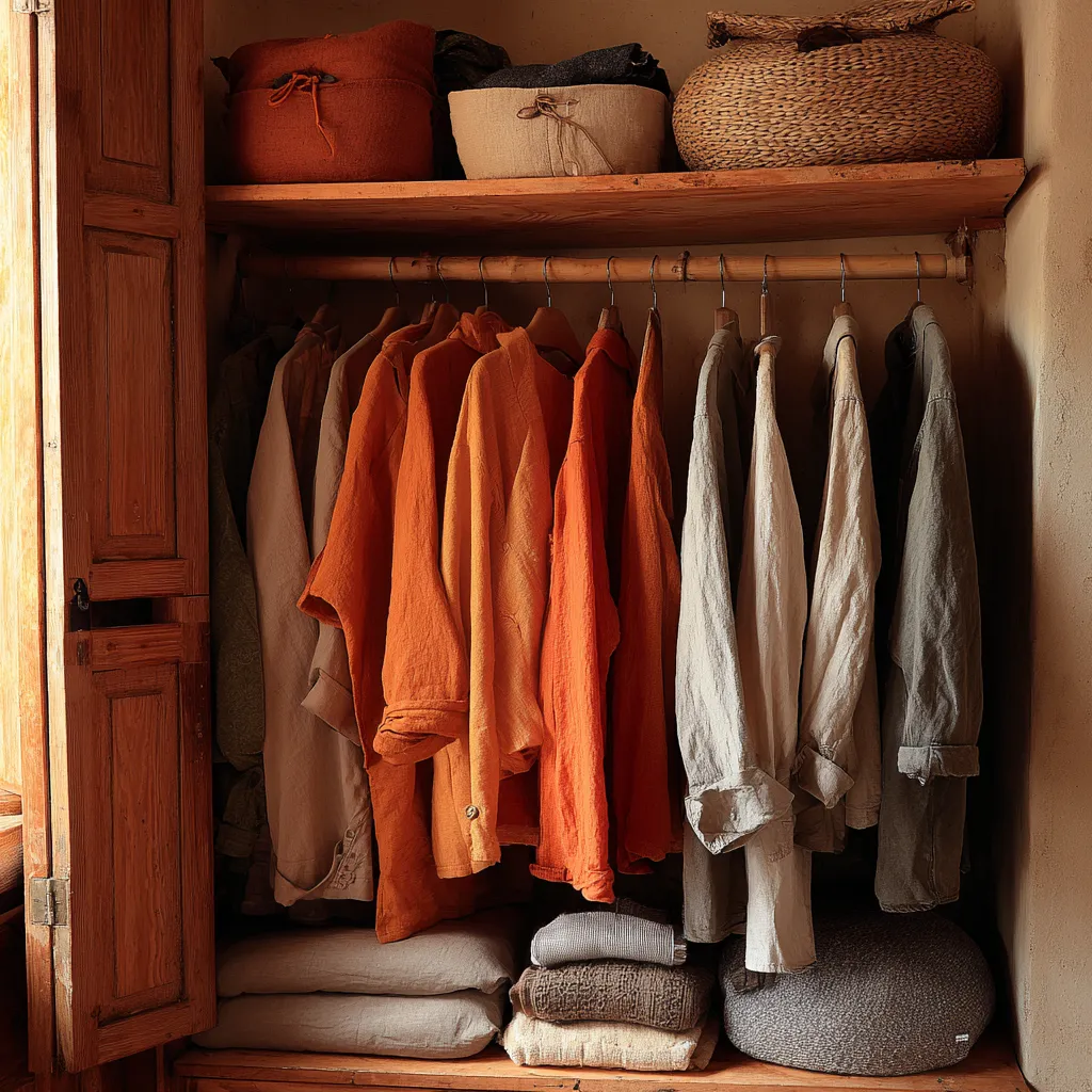 Woman organizing a minimalist eco-friendly wardrobe with sustainable clothing made from natural fabrics.