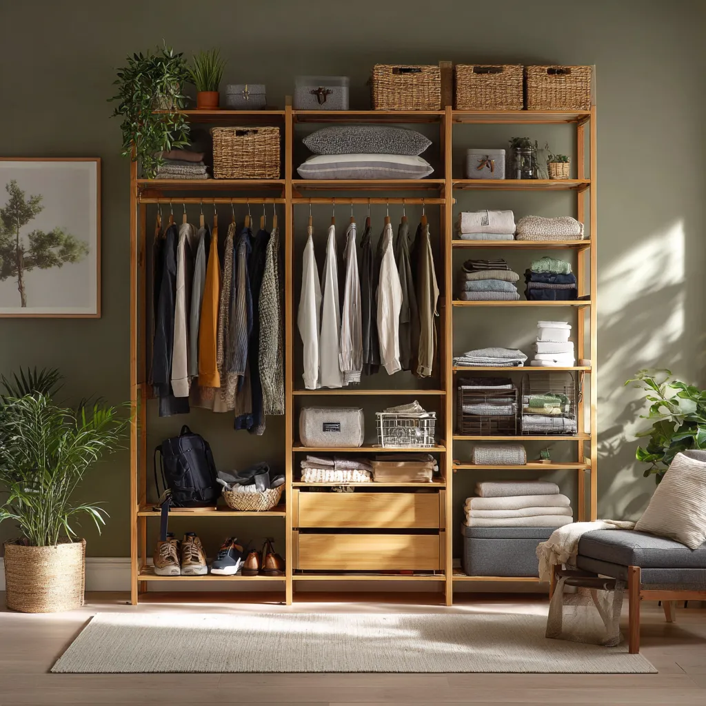 Woman organizing a minimalist eco-friendly wardrobe with sustainable clothing made from natural fabrics.