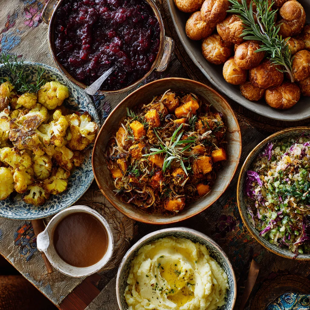Vegetarian Thanksgiving Menu
Delicious vegetarian Thanksgiving feast with roasted vegetables, stuffing, mashed potatoes, and cranberry sauce