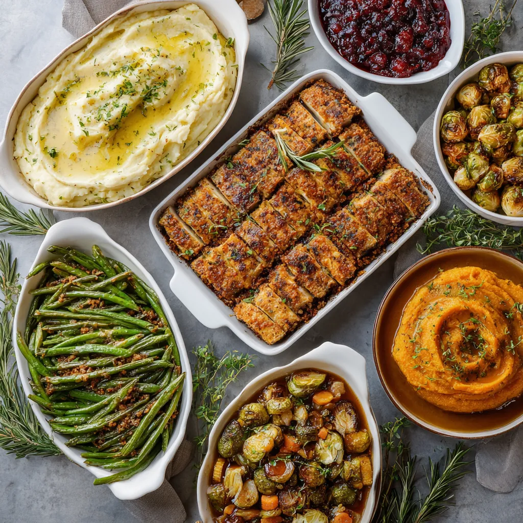 Delicious vegetarian Thanksgiving feast with roasted vegetables, stuffing, mashed potatoes, and cranberry sauce