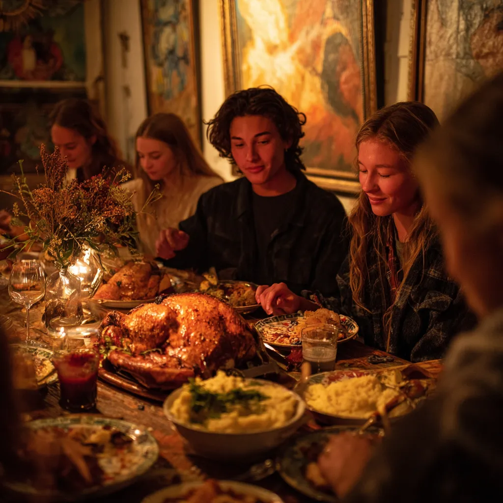 A beautifully decorated Friendsgiving table with autumn-themed decorations, cozy lighting, and a group of friends gathering for a festive meal.
