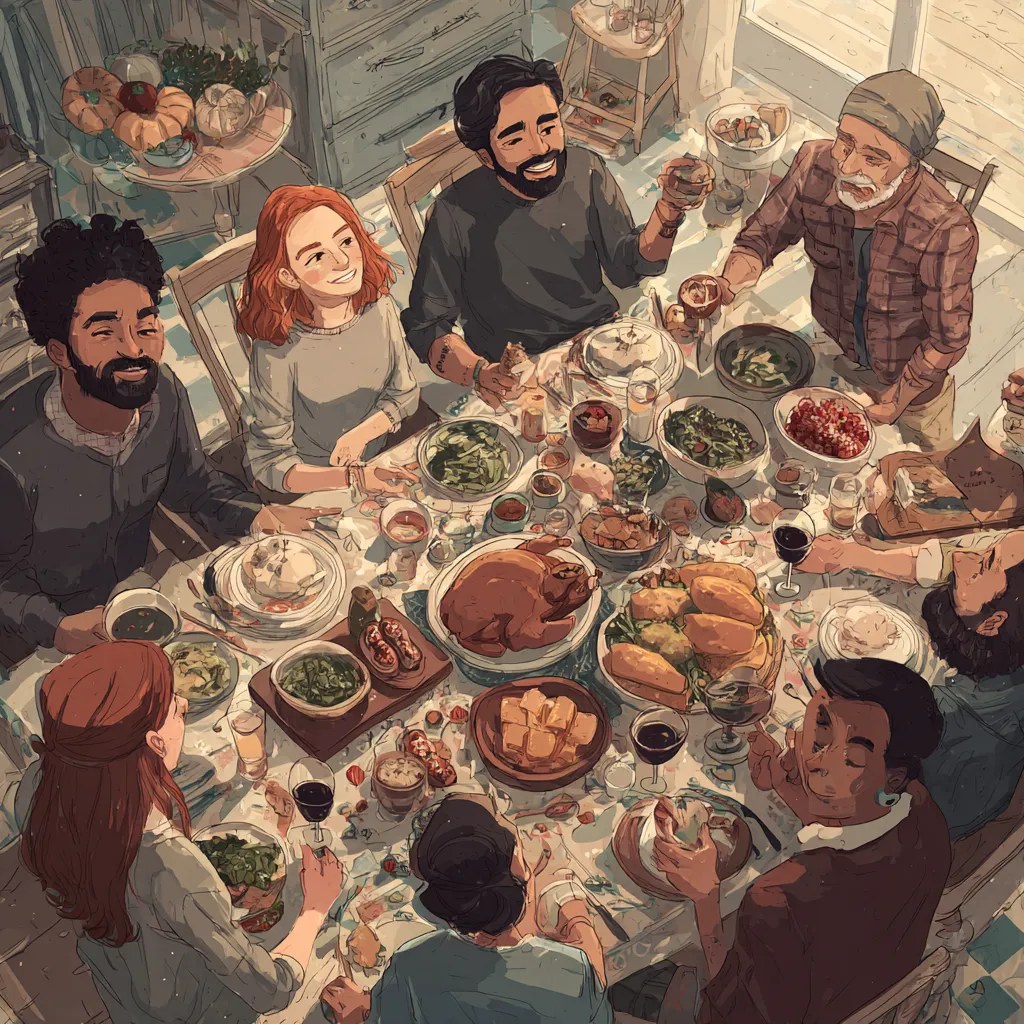 A beautifully decorated Friendsgiving table with autumn-themed decorations, cozy lighting, and a group of friends gathering for a festive meal.