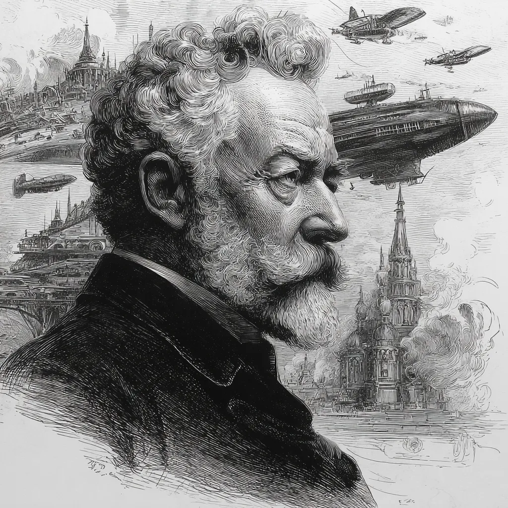 This image features a stylized representation of Jules Verne, blending his classic 19th-century portrait with visionary elements inspired by his groundbreaking science-fiction works. Surrounding him are symbolic illustrations such as submarines, rockets, deep-sea creatures, and fantastical airships, reflecting the imaginative universes he created in novels like 20,000 Leagues Under the Sea and Journey to the Center of the Earth. The composition highlights Verne’s enduring influence as a pioneer of futuristic storytelling and modern science fiction.