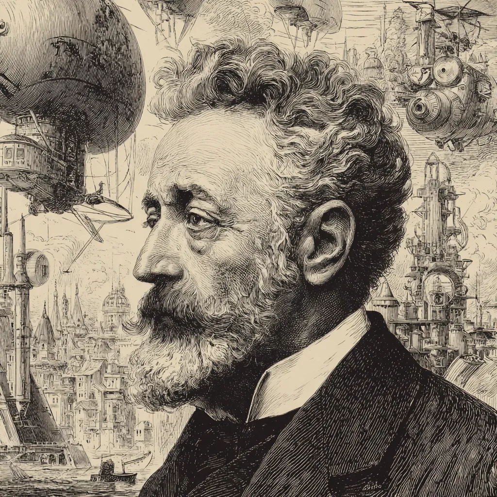 This image features a stylized representation of Jules Verne, blending his classic 19th-century portrait with visionary elements inspired by his groundbreaking science-fiction works. Surrounding him are symbolic illustrations such as submarines, rockets, deep-sea creatures, and fantastical airships, reflecting the imaginative universes he created in novels like 20,000 Leagues Under the Sea and Journey to the Center of the Earth. The composition highlights Verne’s enduring influence as a pioneer of futuristic storytelling and modern science fiction.