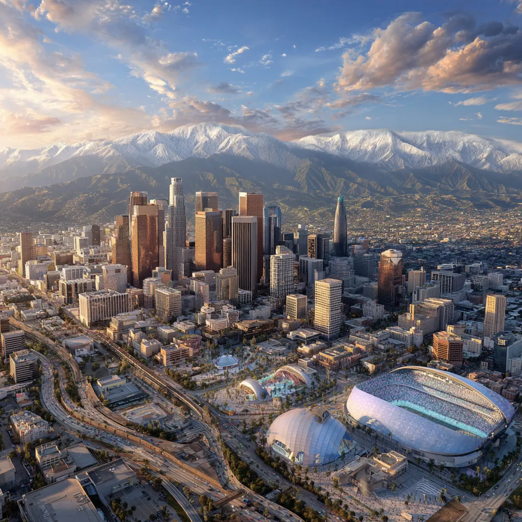 Los Angeles 2028 Olympics logo with a background of the city skyline, symbolizing the economic and social impacts of the upcoming event on the U.S