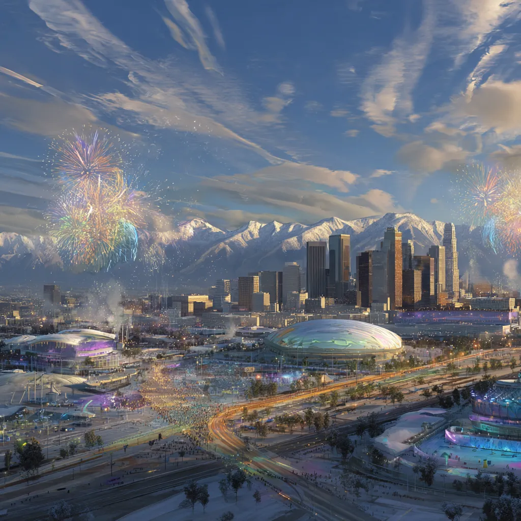 Los Angeles 2028 Olympics logo with a background of the city skyline, symbolizing the economic and social impacts of the upcoming event on the U.S