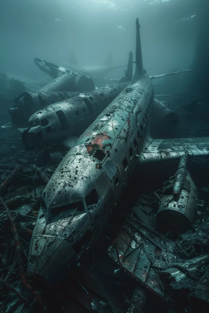 Aerial view representing the two identical plane crashes of Endwell, showing the crash site area and symbolic aircraft silhouettes
