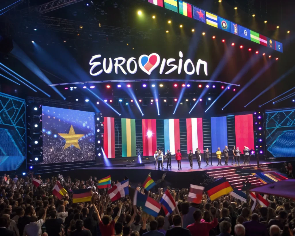 Eurovision 2026 stage with colorful lights and performers representing top contenders