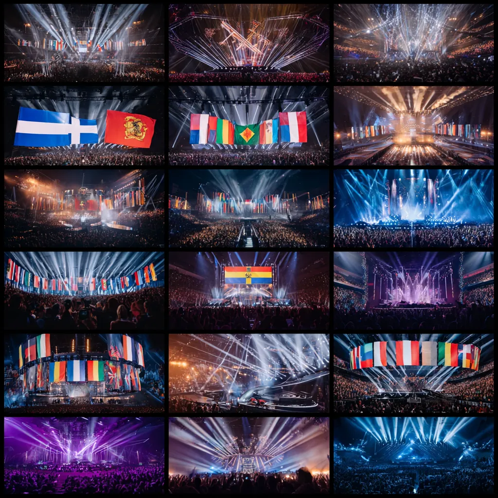 Eurovision 2026 stage with colorful lights and performers representing top contenders