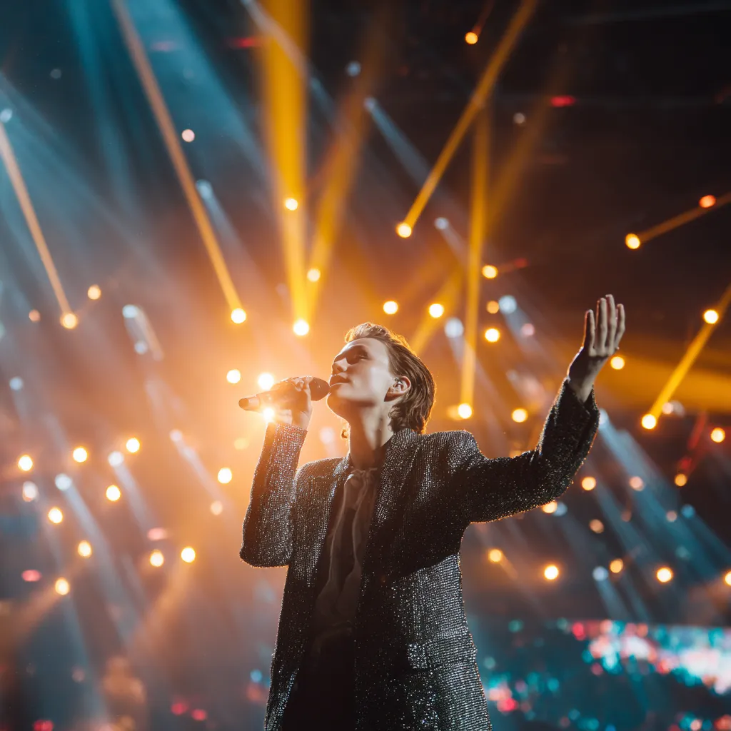 Eurovision 2026 stage with colorful lights and performers representing top contenders