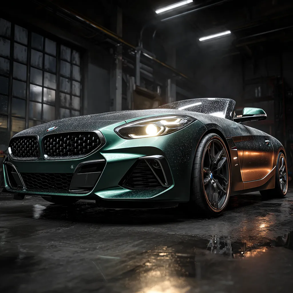 2025 BMW Z4 roadster in motion on a scenic highway, modern sporty design, convertible roof open