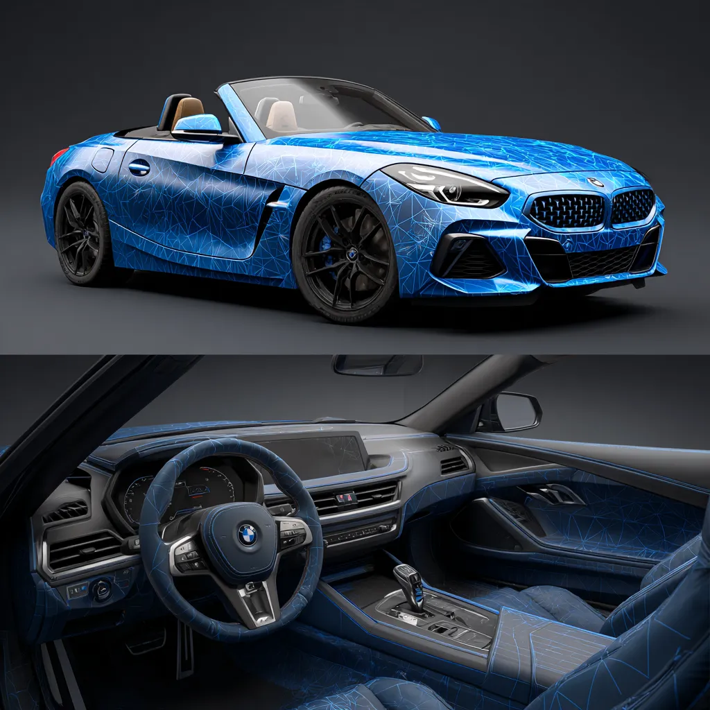 2025 BMW Z4 roadster in motion on a scenic highway, modern sporty design, convertible roof open