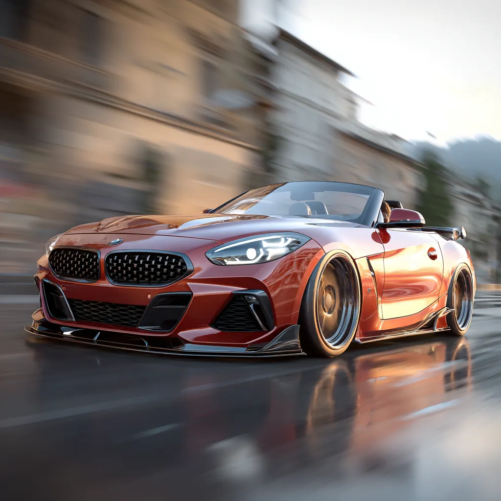 2025 BMW Z4 roadster in motion on a scenic highway, modern sporty design, convertible roof open