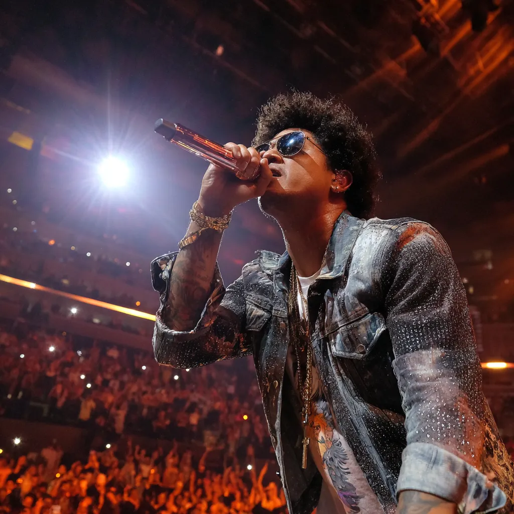 Bruno Mars performing on stage during a high-energy live concert on his global tour