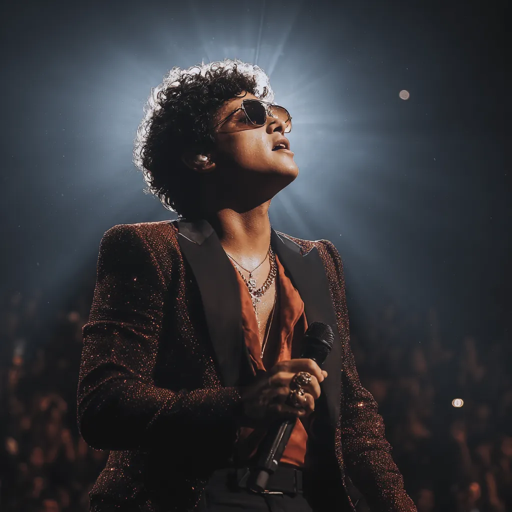 Bruno Mars performing on stage during a high-energy live concert on his global tour