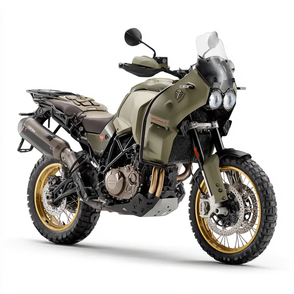 Moto Morini 2026 Adventure Bikes showcased in a rugged mountain setting, with bold text highlighting new features, upgrades, and trail-ready excitement