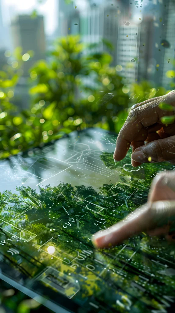 Modern sustainable technologies including solar panels, smart home devices, and eco-friendly gadgets promoting green living