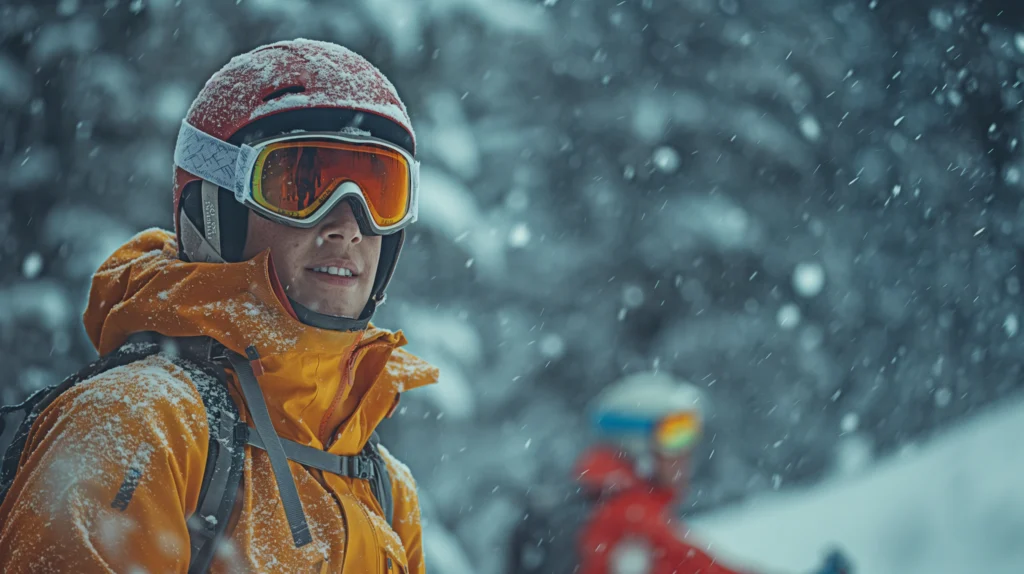Skier wearing a helmet and carrying a first aid kit, ready for skiing safely