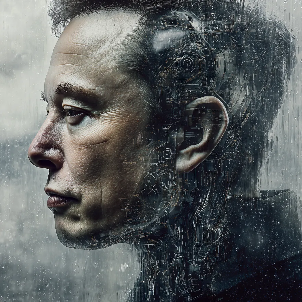 About AI
Elon Musk speaking at a tech conference with a futuristic artificial intelligence background showing digital circuits and a humanoid robot silhouette.