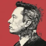 Elon Musk speaking at a tech conference with a futuristic artificial intelligence background showing digital circuits and a humanoid robot silhouette.