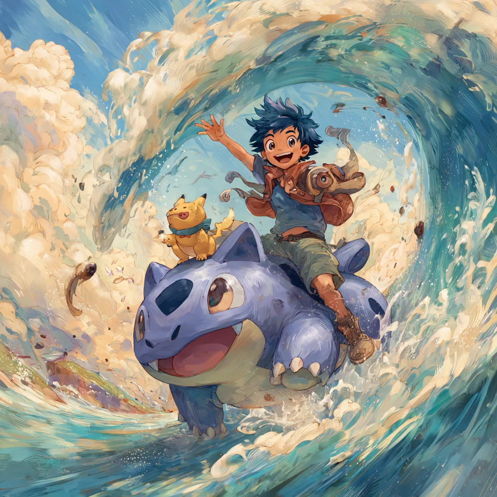 Pokémon Winds and Waves new generation starters Browt, Pombon, and Gecqua exploring tropical islands with ocean waves in the background