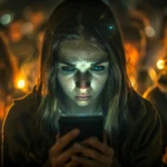 Maria Julissa looking thoughtful amid social media icons, representing viral rumors and online controversy