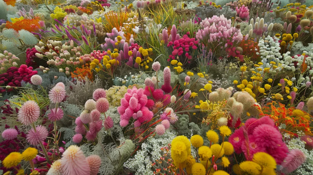Colorful wildflowers blooming across a sunlit field in the USA