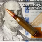 War against Iran concept showing oil barrels, stock market charts rising, and defense industry symbols representing financial beneficiaries of conflict