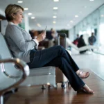Delta Airlines counter with VIP signage and passengers in line, highlighting suspension of congressional perks.