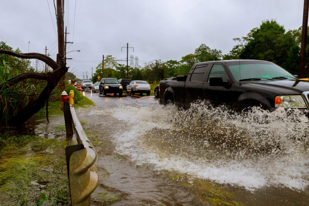 Flooded street in Oahu, Hawaii, with emergency rescue operations underway during severe flash flooding.