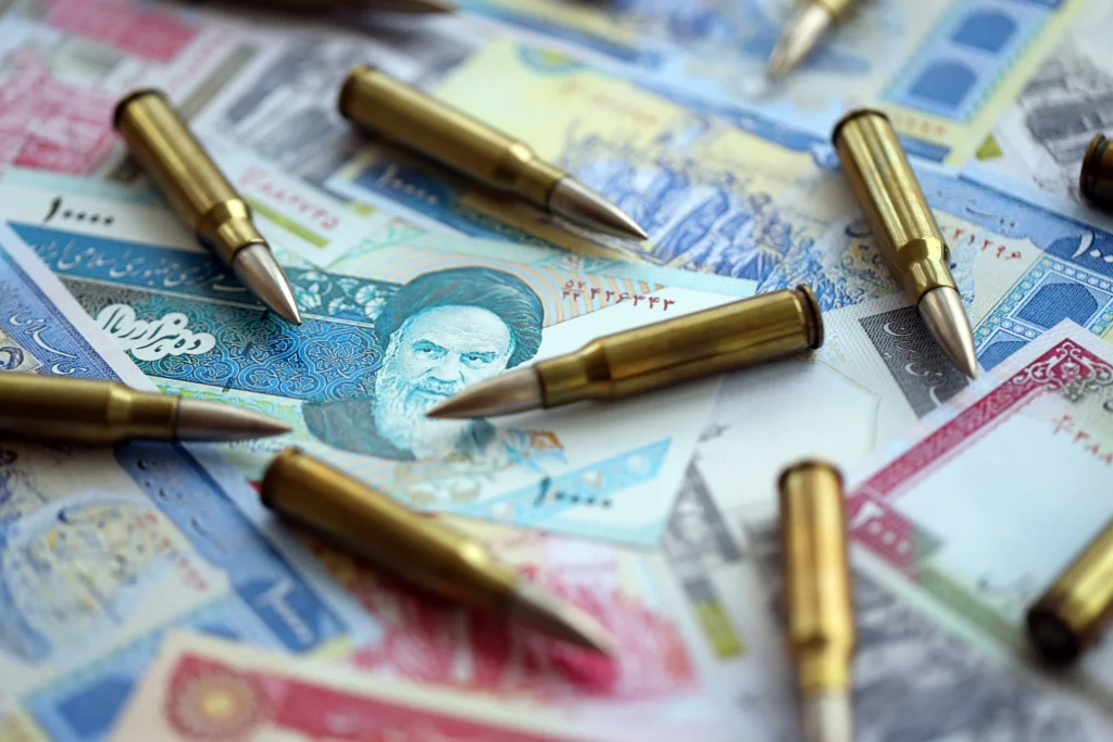 War against Iran concept showing oil barrels, stock market charts rising, and defense industry symbols representing financial beneficiaries of conflict