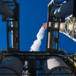 Falcon 9 rocket lifting off during SpaceX Starlink launch at Vandenberg Space Force Base
