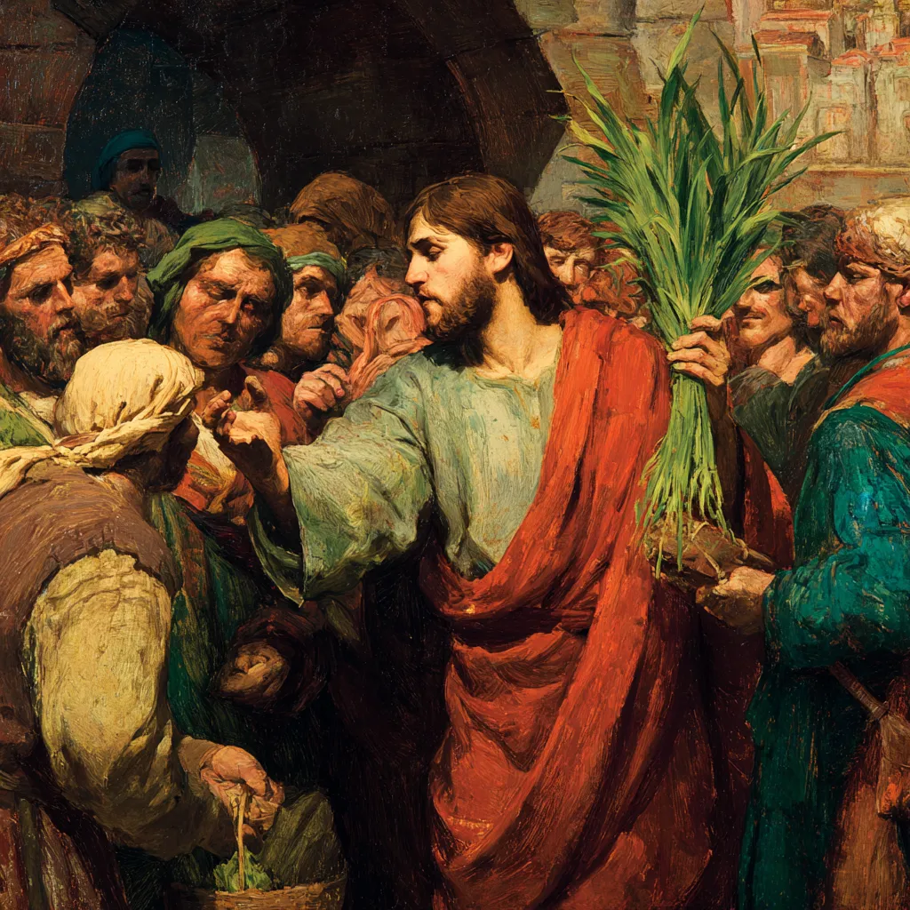 Palm Sunday celebration with people holding palm branches during Holy Week